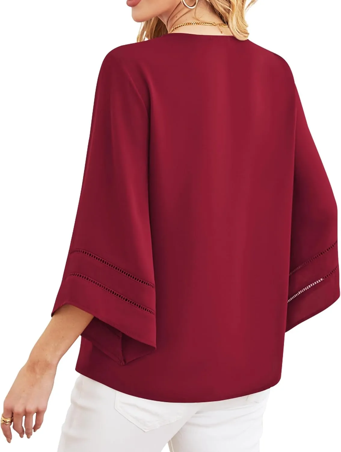 Lotusmile Women Fashion V Neck Chiffon Blouses 3/4 Bell Sleeve Shirts Casual Dressy Work Tops