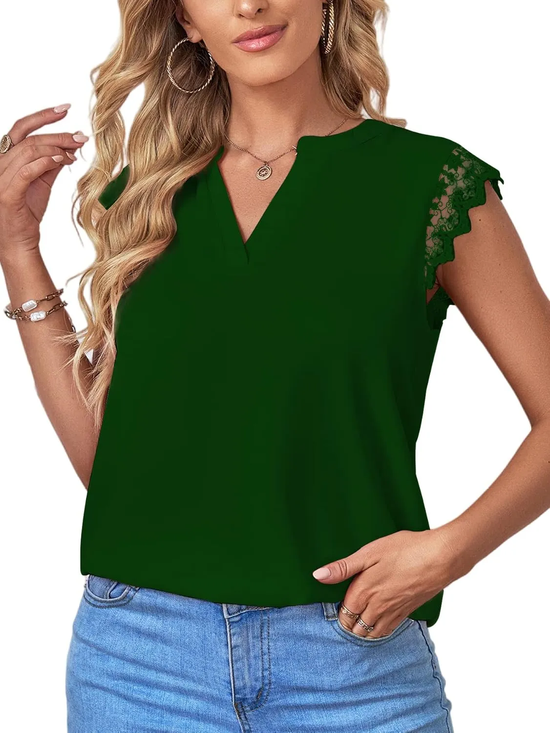 LYANER Women's Elegant Notch V Neck Lace Trim Cap Sleeve Blouse Shirt Sleeveless Top