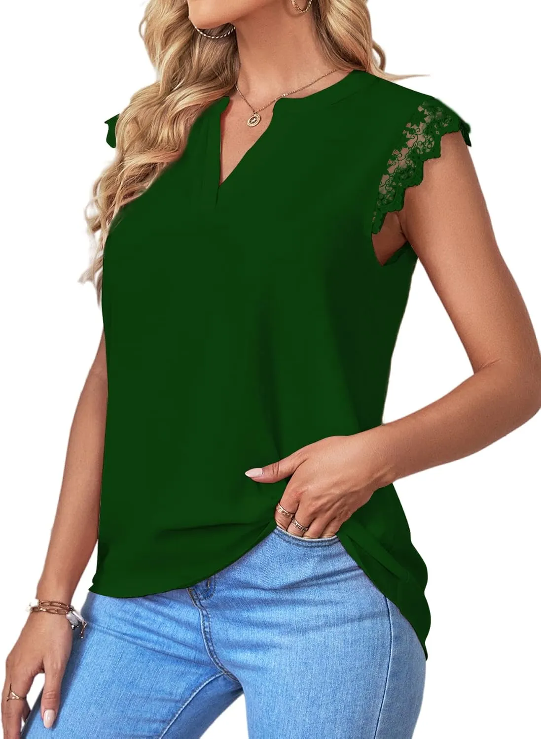 LYANER Women's Elegant Notch V Neck Lace Trim Cap Sleeve Blouse Shirt Sleeveless Top