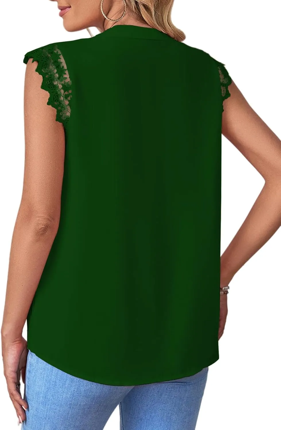 LYANER Women's Elegant Notch V Neck Lace Trim Cap Sleeve Blouse Shirt Sleeveless Top