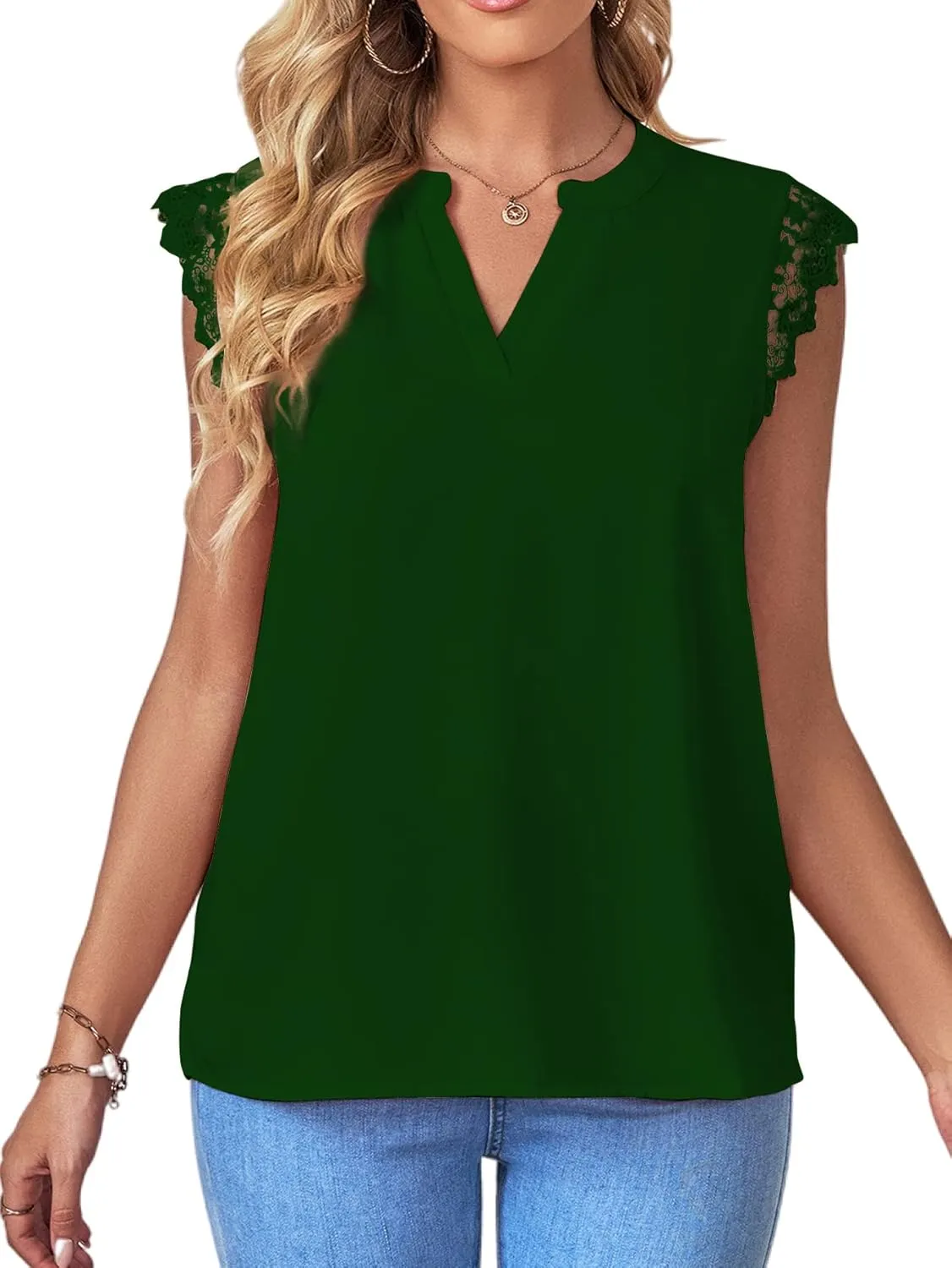 LYANER Women's Elegant Notch V Neck Lace Trim Cap Sleeve Blouse Shirt Sleeveless Top