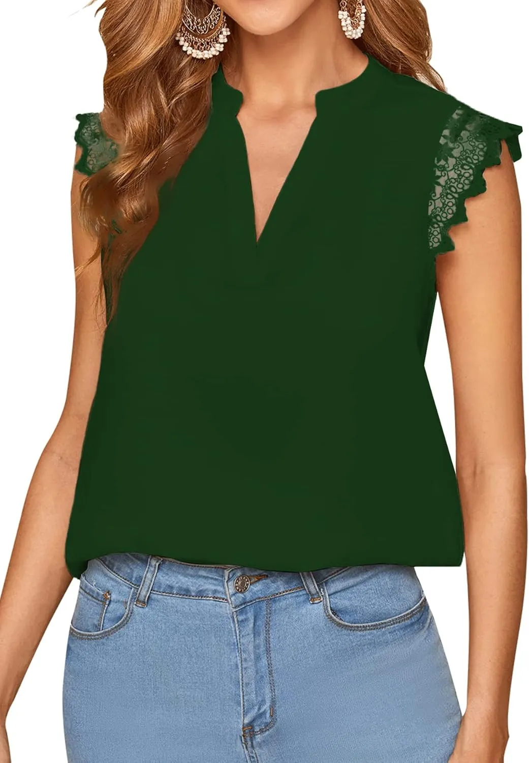 LYANER Women's Elegant Notch V Neck Lace Trim Cap Sleeve Blouse Shirt Sleeveless Top