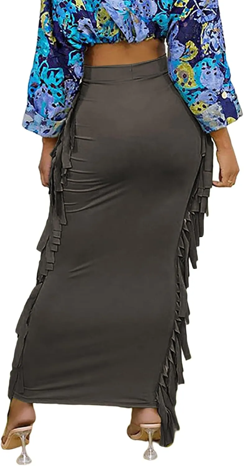 LYANER Women's Fringed Side Tassels Elastic Waist Slim Bodycon Pencil Maxi Skirts
