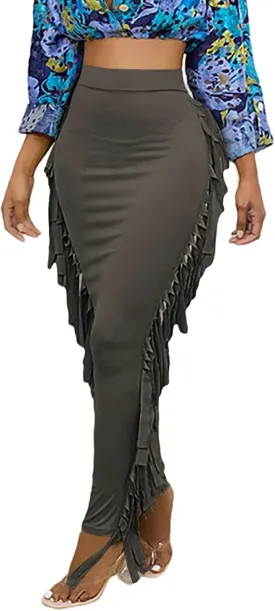 LYANER Women's Fringed Side Tassels Elastic Waist Slim Bodycon Pencil Maxi Skirts