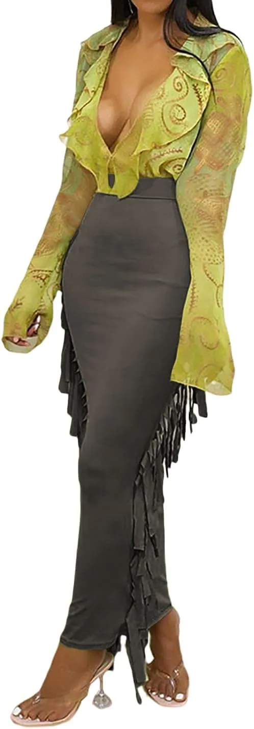 LYANER Women's Fringed Side Tassels Elastic Waist Slim Bodycon Pencil Maxi Skirts