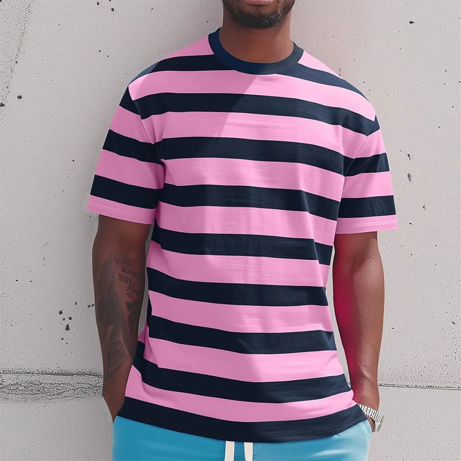 Mens Fashion Striped Short Sleeve Shirt Casual Fitted Everday Work T-Shirts Basic Going Out Travel Tee Tops