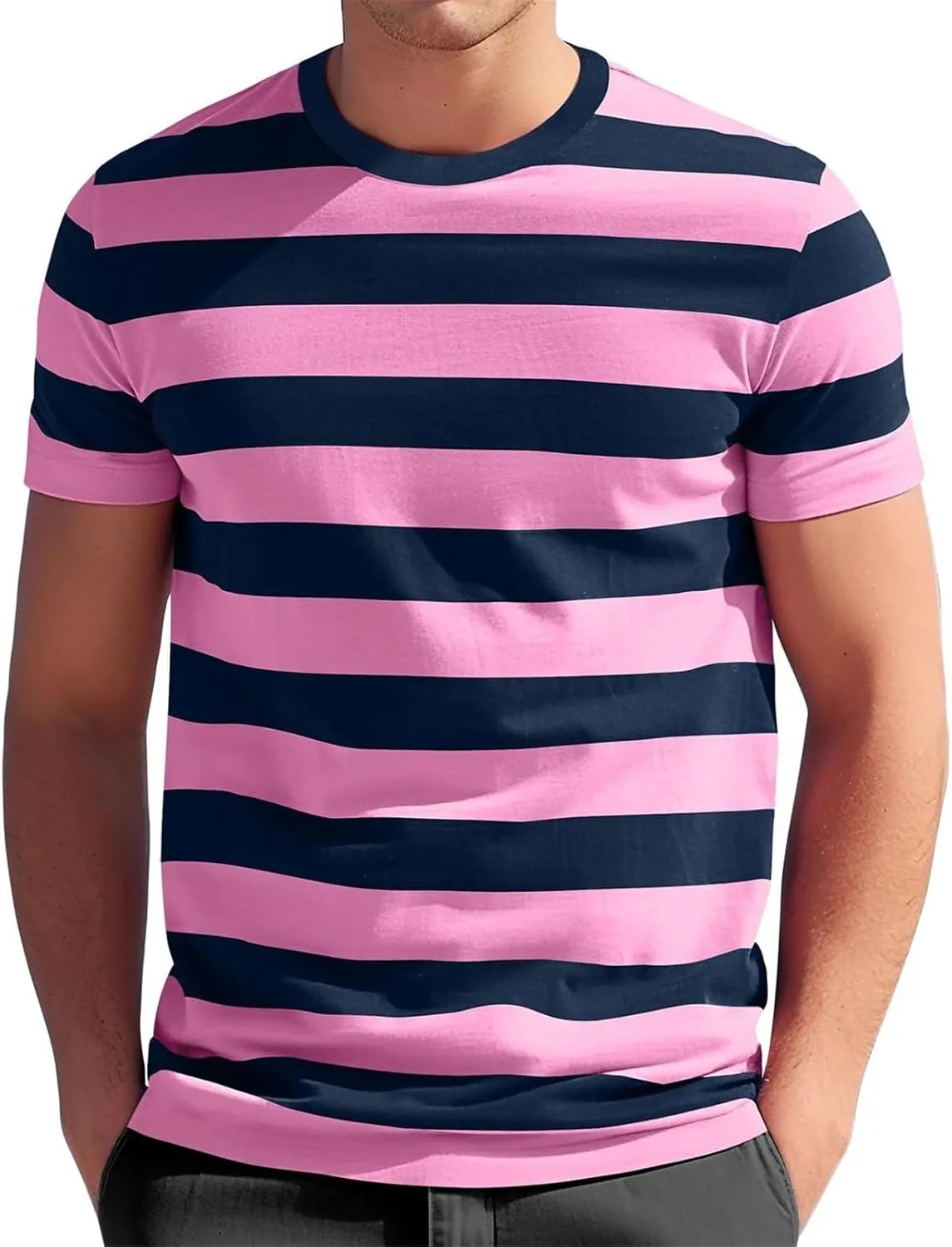 Mens Fashion Striped Short Sleeve Shirt Casual Fitted Everday Work T-Shirts Basic Going Out Travel Tee Tops
