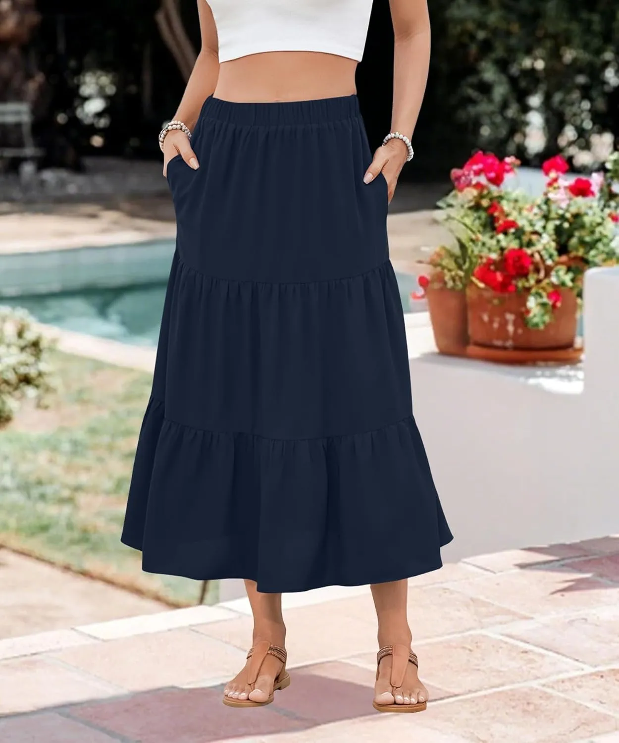 NILOUFO Women Summer High Waist Elastic A-Line Maxi Skirt Flowy Tiered Pleated Beach Vacation Skirts with Pockets