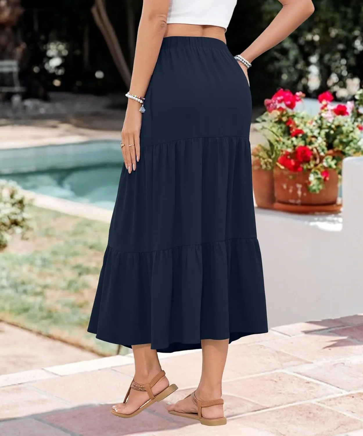 NILOUFO Women Summer High Waist Elastic A-Line Maxi Skirt Flowy Tiered Pleated Beach Vacation Skirts with Pockets
