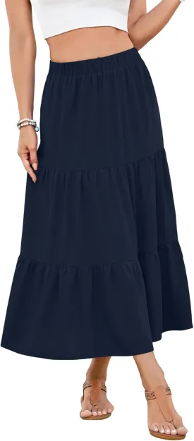 NILOUFO Women Summer High Waist Elastic A-Line Maxi Skirt Flowy Tiered Pleated Beach Vacation Skirts with Pockets