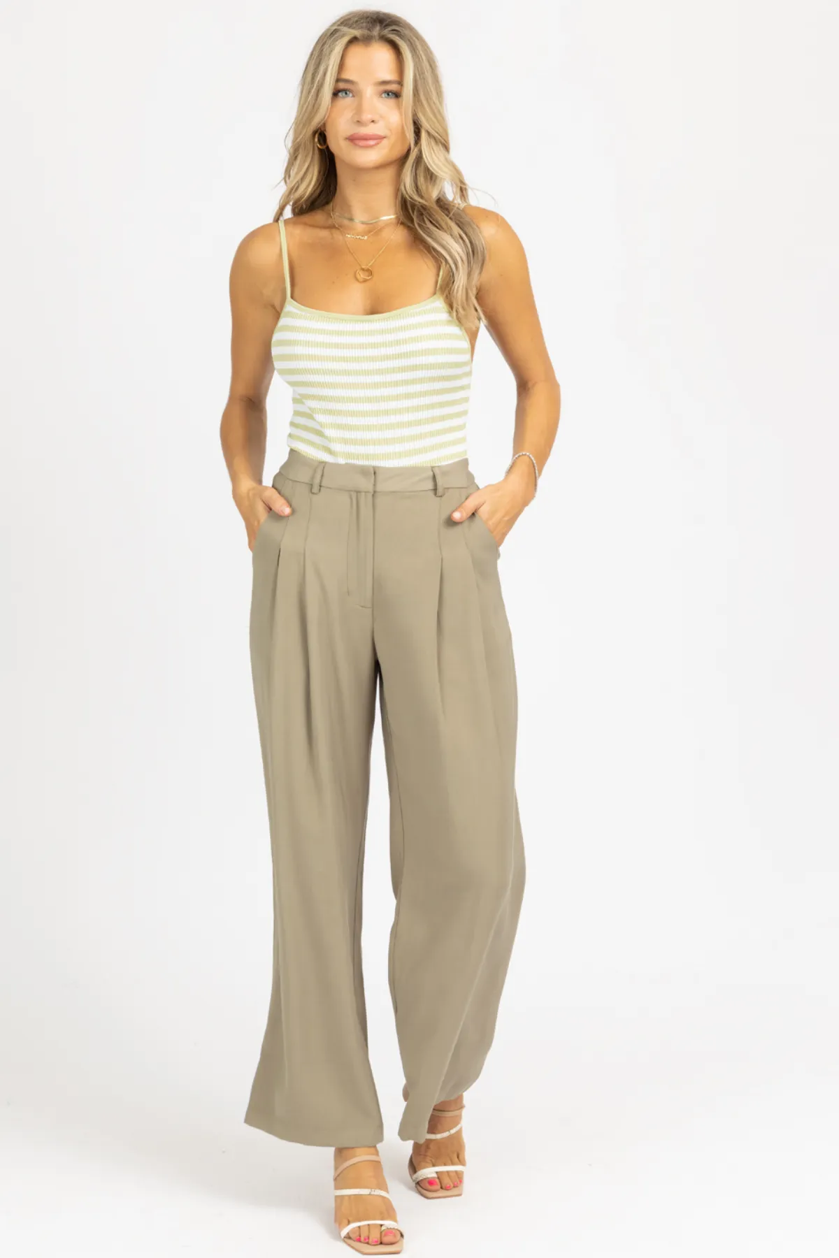 OLIVE PINTUCK PLEATED TROUSER