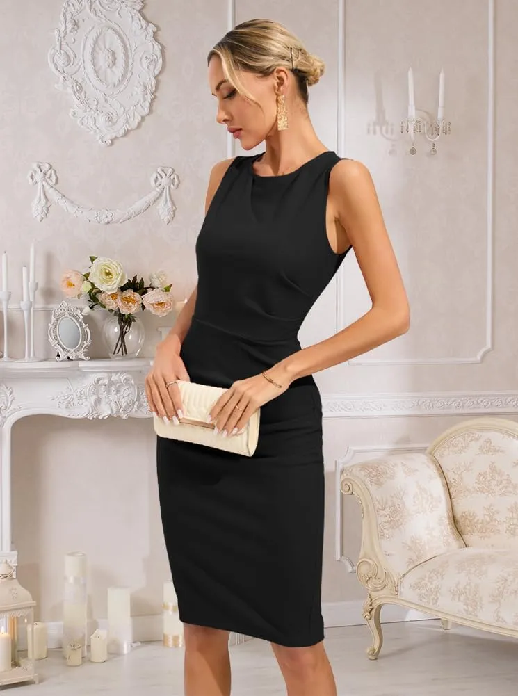 oten Womens Crew Neck Sleeveless Ruched Bodycon Sheath Work Cocktail Party Pencil Dresses