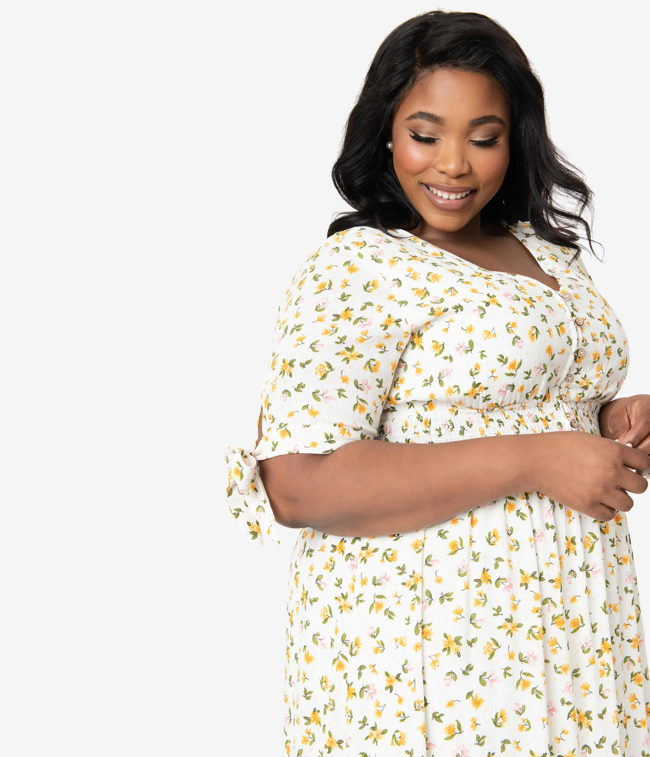 Plus Size 1970s Style Ivory & Yellow Delicate Floral Print Midi Dress