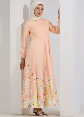 Rania Ethereal Bloom Modest Maxi Dress in Pastel Peach with Floral Hem