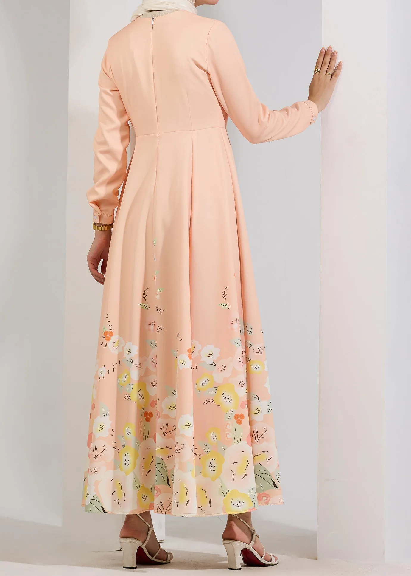 Rania Ethereal Bloom Modest Maxi Dress in Pastel Peach with Floral Hem