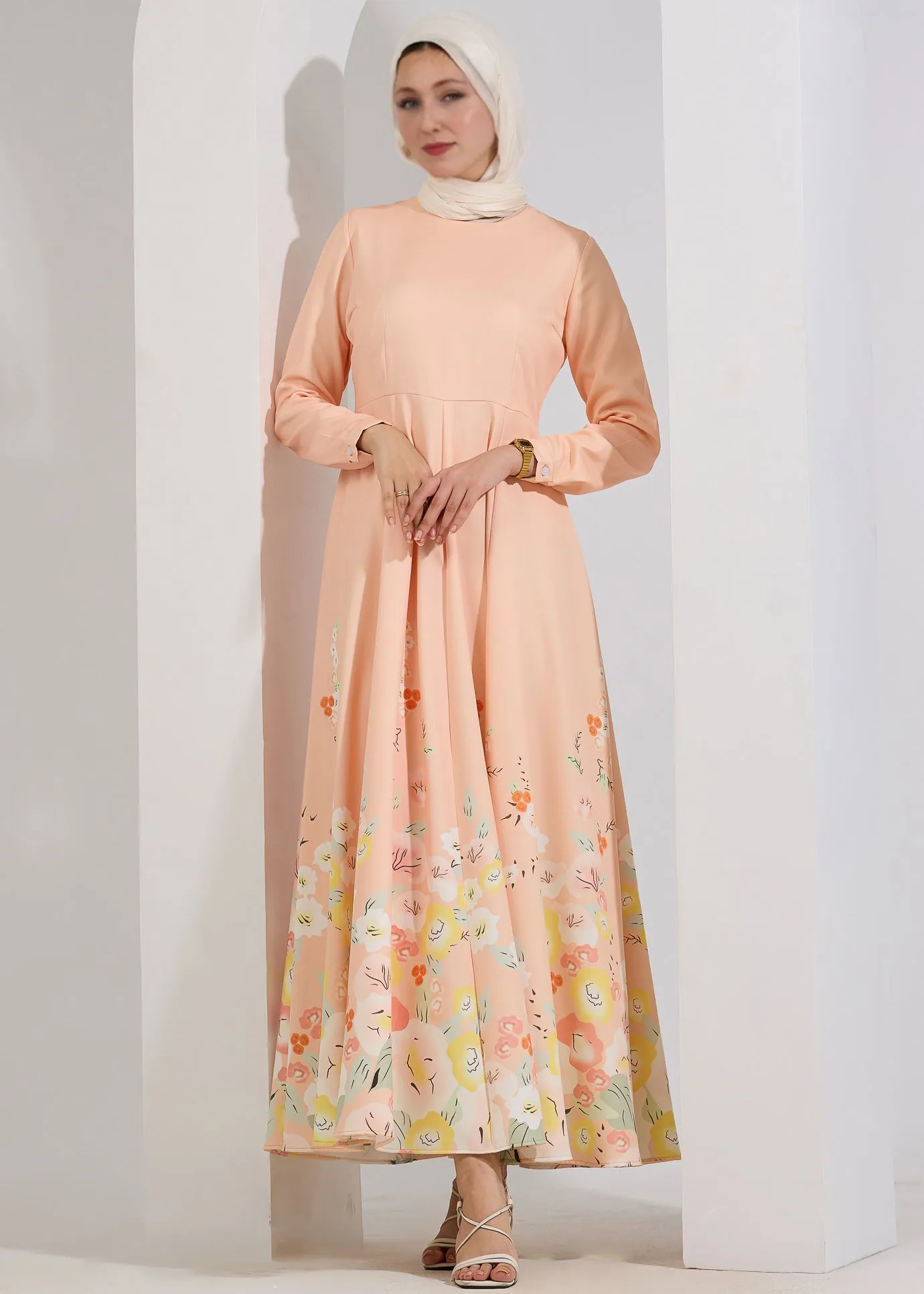 Rania Ethereal Bloom Modest Maxi Dress in Pastel Peach with Floral Hem