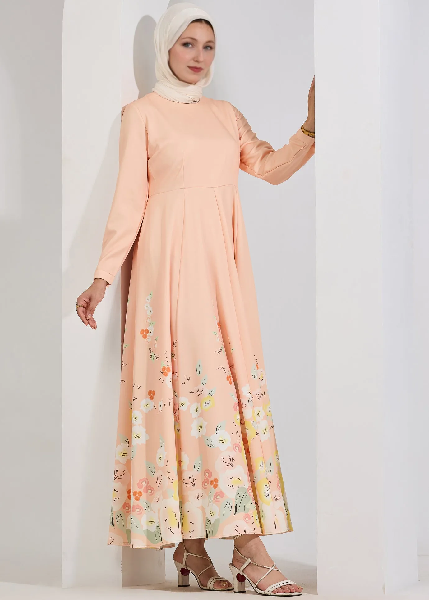Rania Ethereal Bloom Modest Maxi Dress in Pastel Peach with Floral Hem