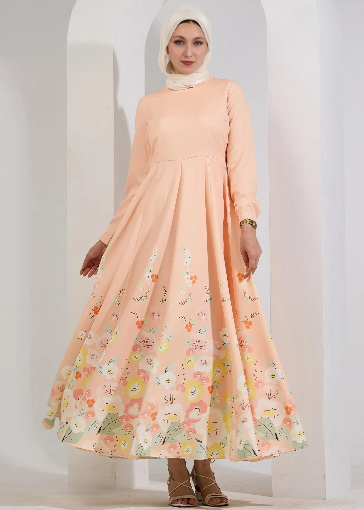 Rania Ethereal Bloom Modest Maxi Dress in Pastel Peach with Floral Hem