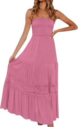 Summer Dresses for Women 2025 Boho Lace Trim Backless Hawaiian Dress Smocked Strapless Beach Cover Ups Tube Top Dress