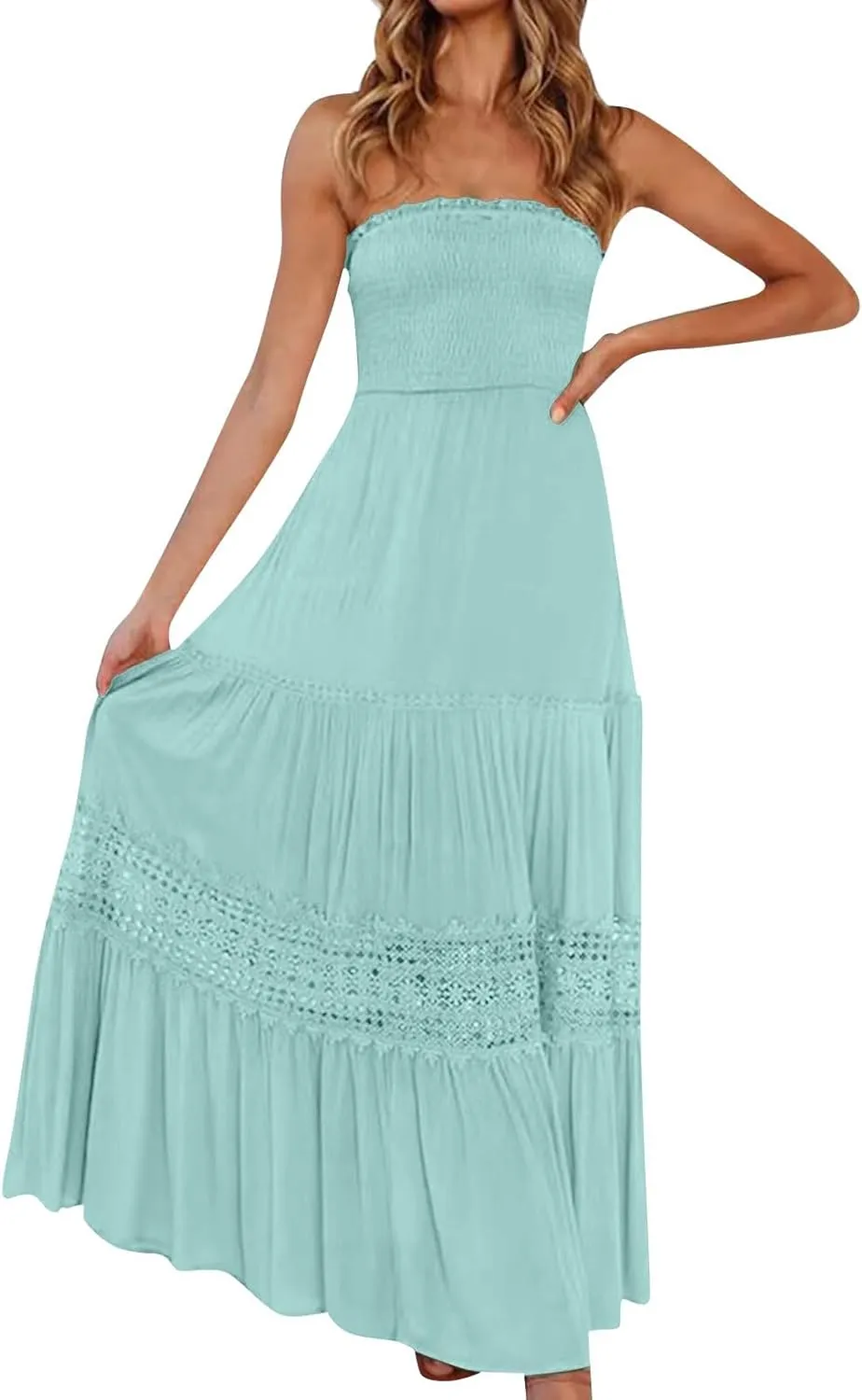 Summer Dresses for Women 2025 Boho Lace Trim Backless Hawaiian Dress Smocked Strapless Beach Cover Ups Tube Top Dress