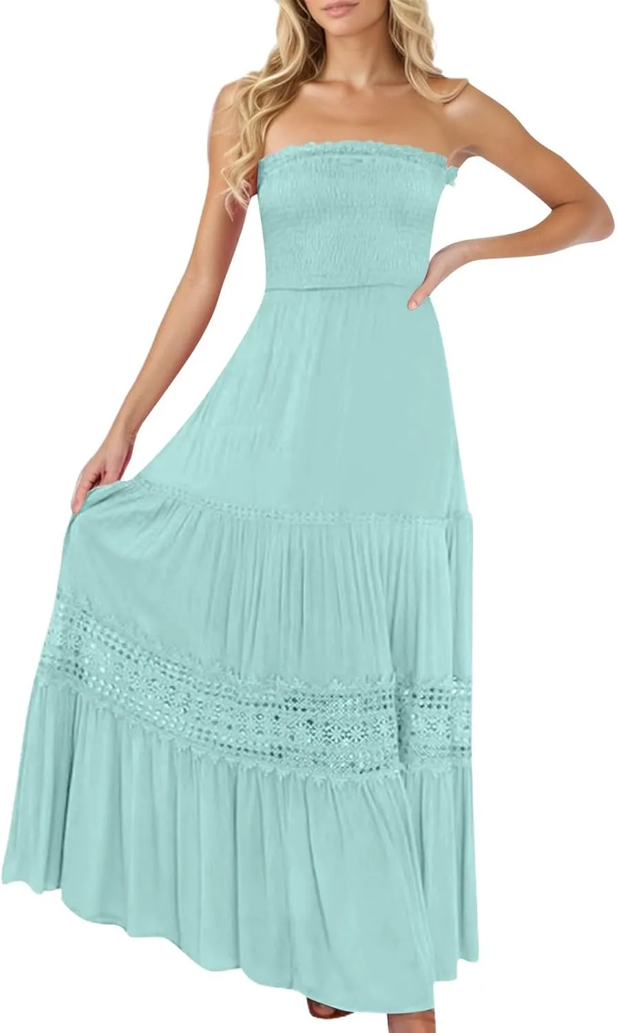 Summer Dresses for Women 2025 Boho Lace Trim Backless Hawaiian Dress Smocked Strapless Beach Cover Ups Tube Top Dress