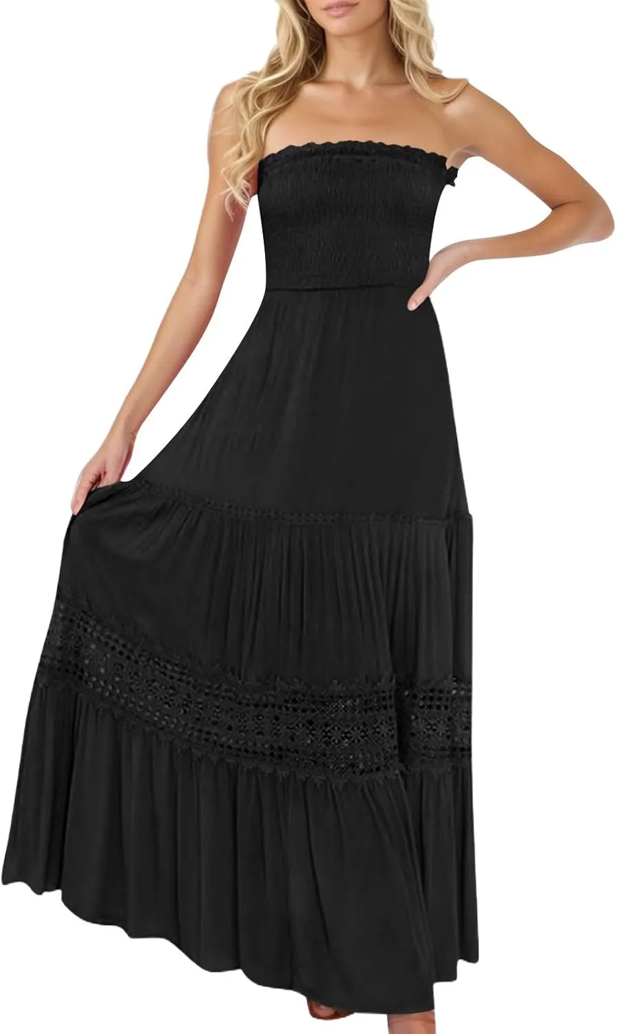Summer Dresses for Women 2025 Boho Lace Trim Backless Hawaiian Dress Smocked Strapless Beach Cover Ups Tube Top Dress