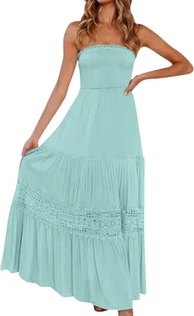 Summer Dresses for Women 2025 Boho Lace Trim Backless Hawaiian Dress Smocked Strapless Beach Cover Ups Tube Top Dress