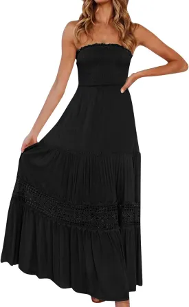 Summer Dresses for Women 2025 Boho Lace Trim Backless Hawaiian Dress Smocked Strapless Beach Cover Ups Tube Top Dress