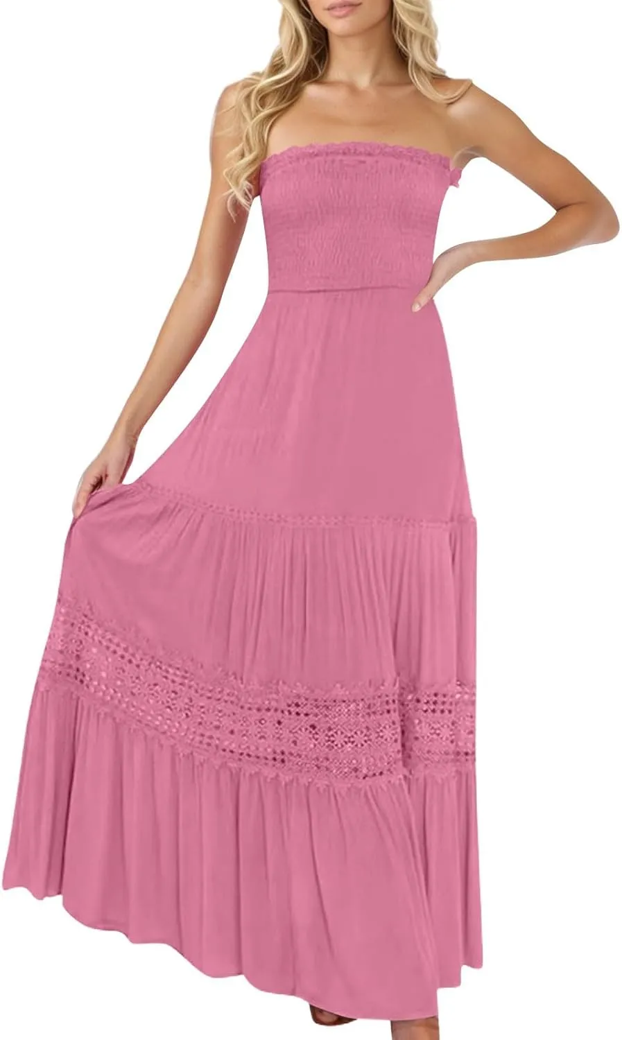 Summer Dresses for Women 2025 Boho Lace Trim Backless Hawaiian Dress Smocked Strapless Beach Cover Ups Tube Top Dress