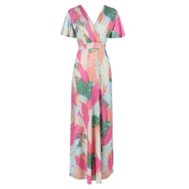 Summer Pastel Leaves Print Waterfall Sleeve Wrapover Maxi Dress