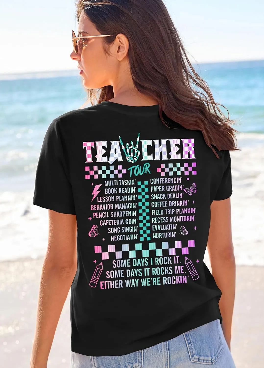 Teacher Shirts Women Vintage Teacher Graphic Tshirt Teacher Life T Shirt Kindergarten Teachers Tees Casual Tops