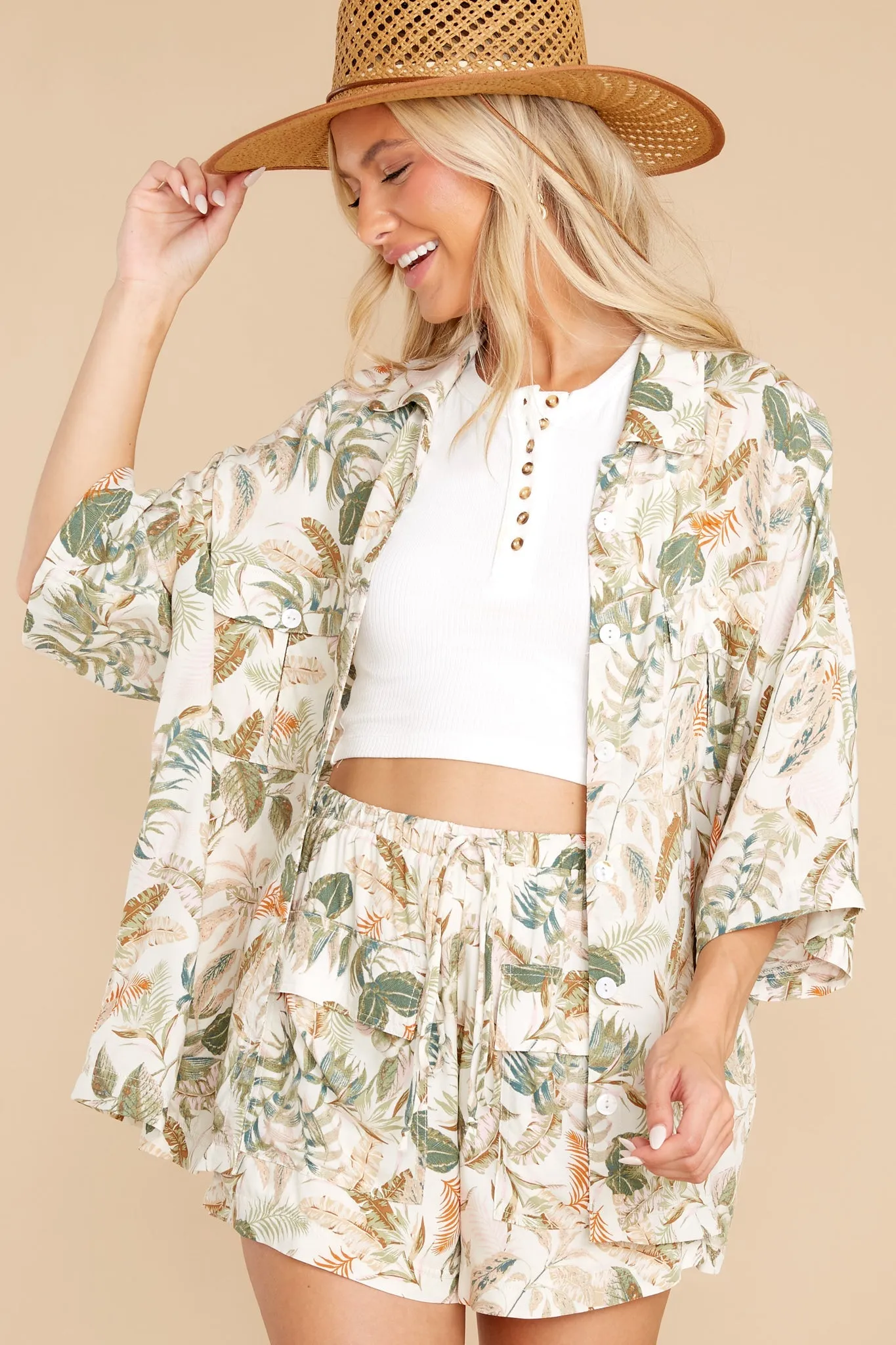 Thrilling Adventures Ivory Multi Leaf Print Top