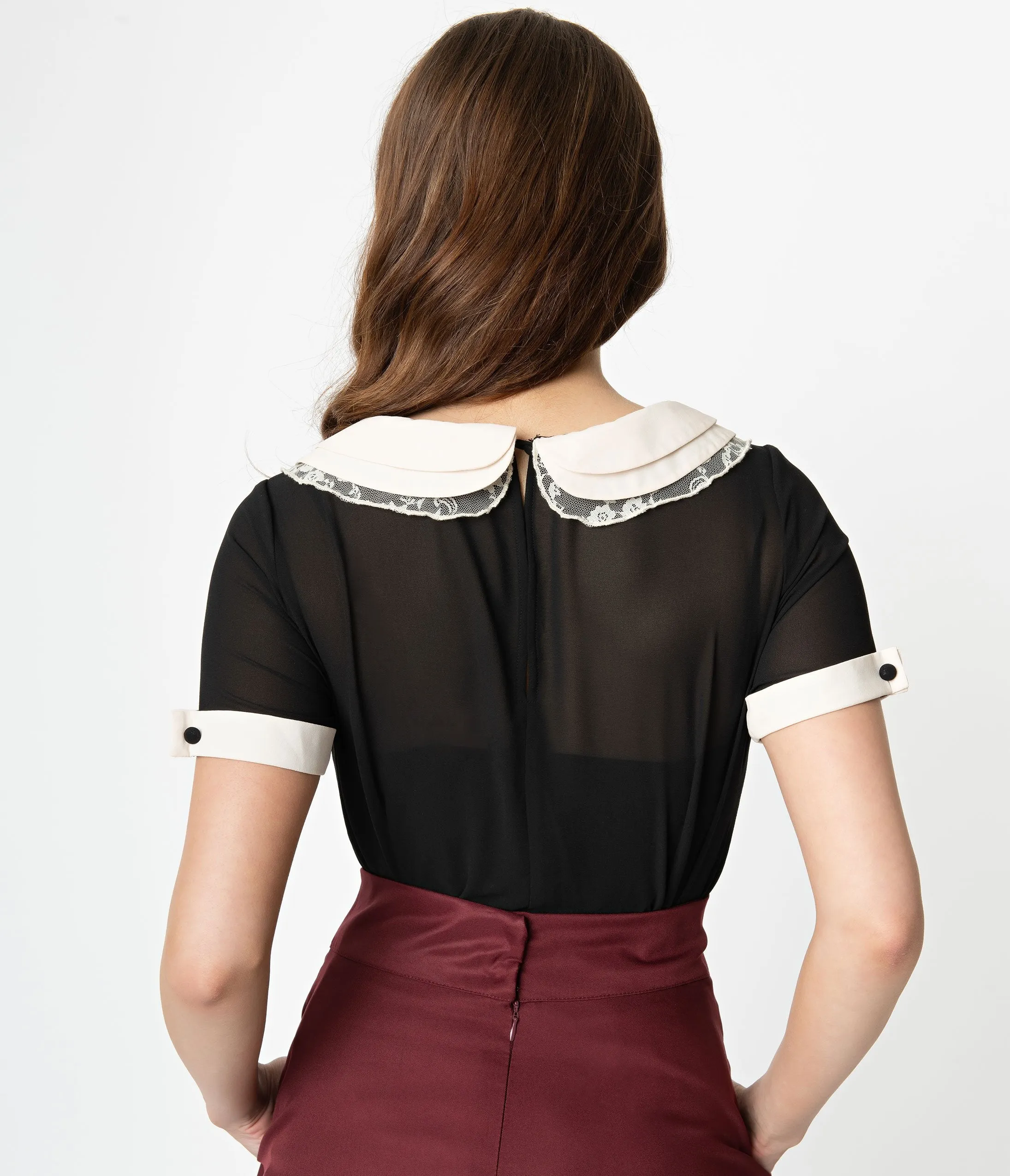 Unique Vintage Black & Cream Chiffon Neck Tie Bea Blouse