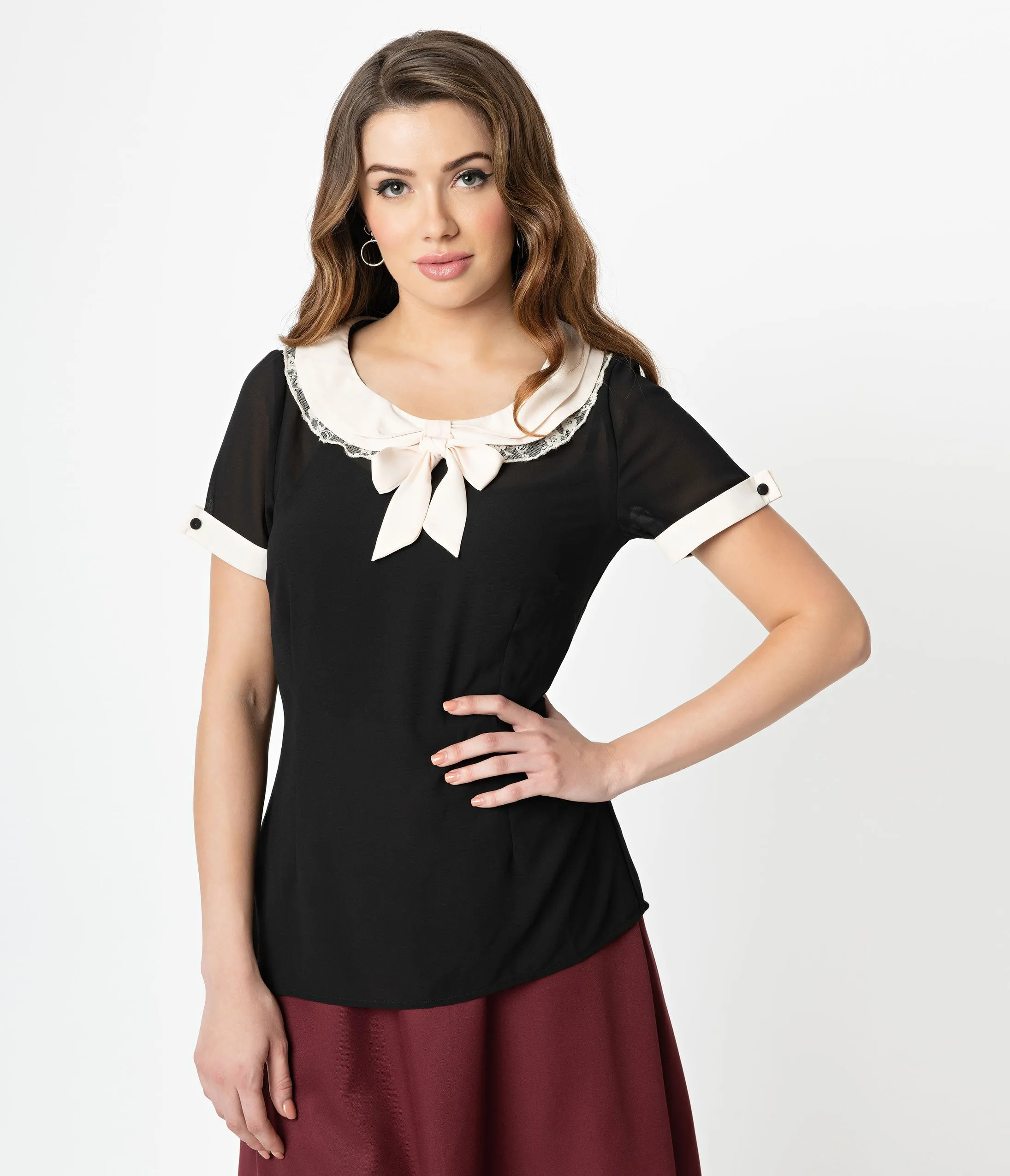 Unique Vintage Black & Cream Chiffon Neck Tie Bea Blouse