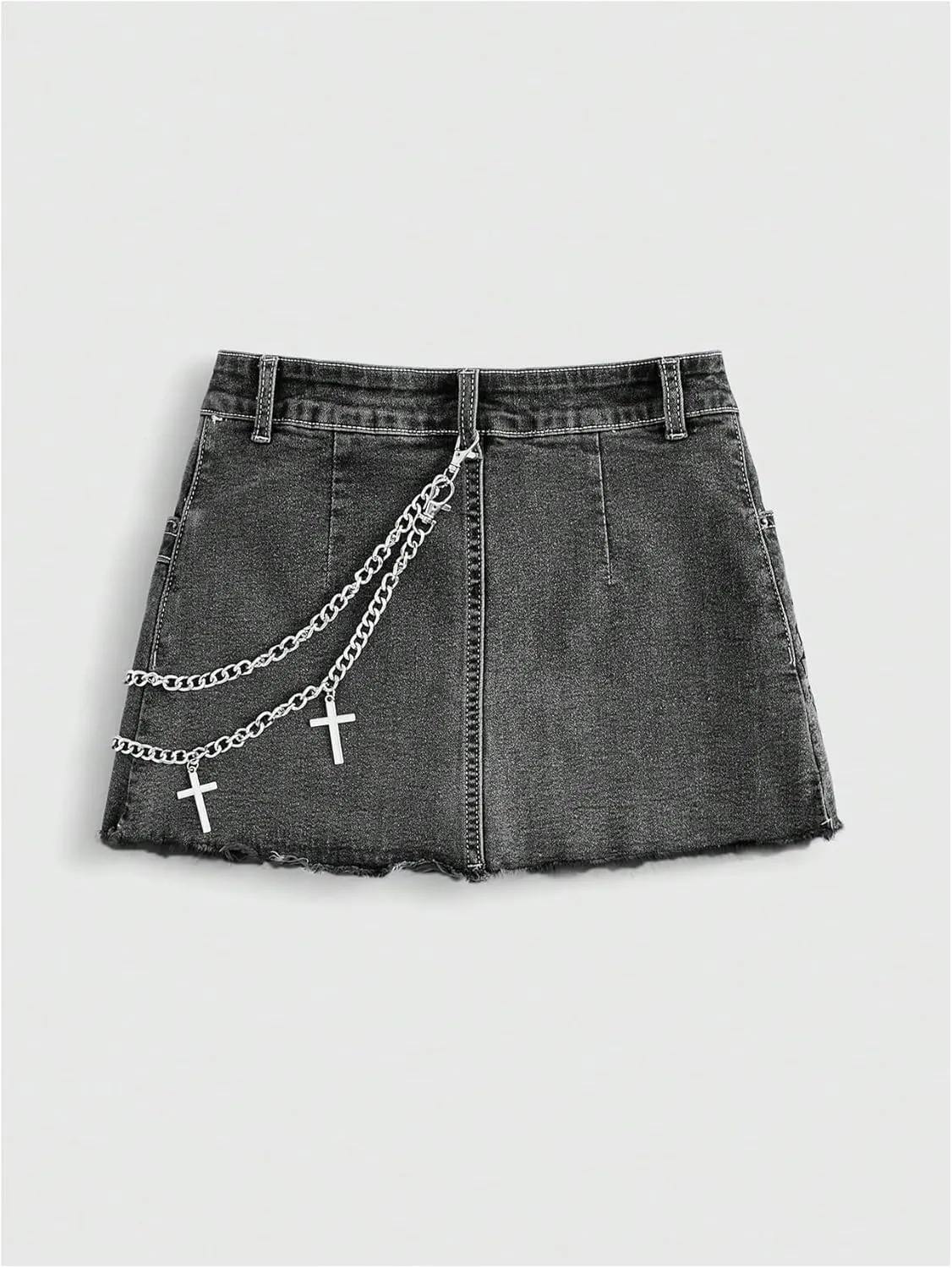 WDIRARA Women's Goth Letter Spiderweb Cross Print Denim Mini Skirt Grunge Punk Chain High Waisted Jean Skirts
