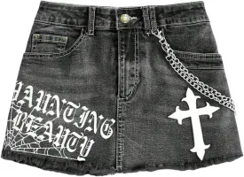 WDIRARA Women's Goth Letter Spiderweb Cross Print Denim Mini Skirt Grunge Punk Chain High Waisted Jean Skirts