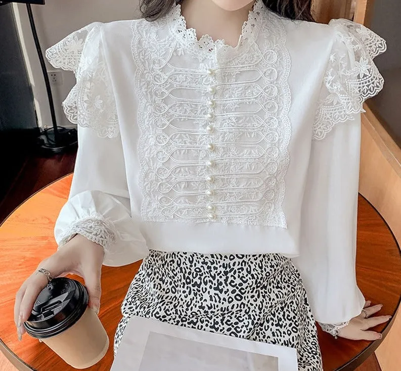 Wenkouban Autumn Vintage Loose Chiffon Shirt Women Long Sleeve Beading Lace White Blouse Women Stand Collar Ruffles Office Lady Tops