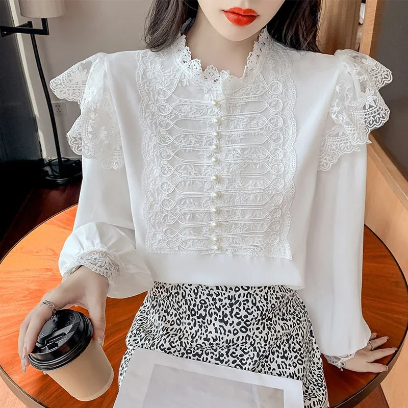 Wenkouban Autumn Vintage Loose Chiffon Shirt Women Long Sleeve Beading Lace White Blouse Women Stand Collar Ruffles Office Lady Tops