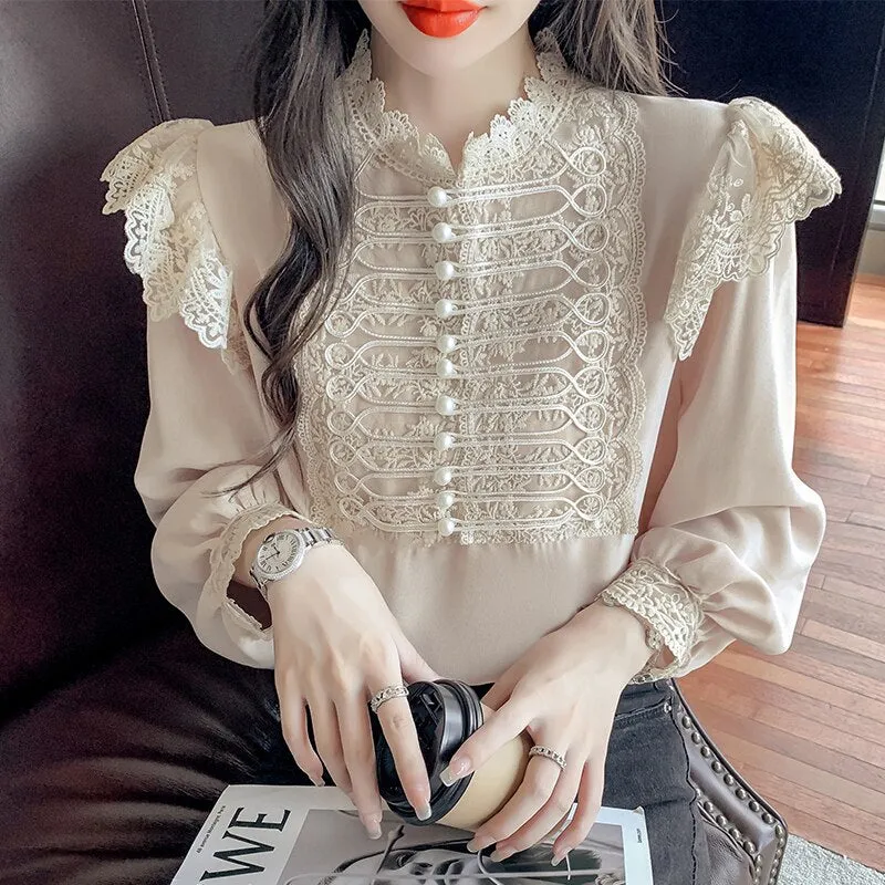 Wenkouban Autumn Vintage Loose Chiffon Shirt Women Long Sleeve Beading Lace White Blouse Women Stand Collar Ruffles Office Lady Tops