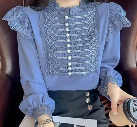 Wenkouban Autumn Vintage Loose Chiffon Shirt Women Long Sleeve Beading Lace White Blouse Women Stand Collar Ruffles Office Lady Tops