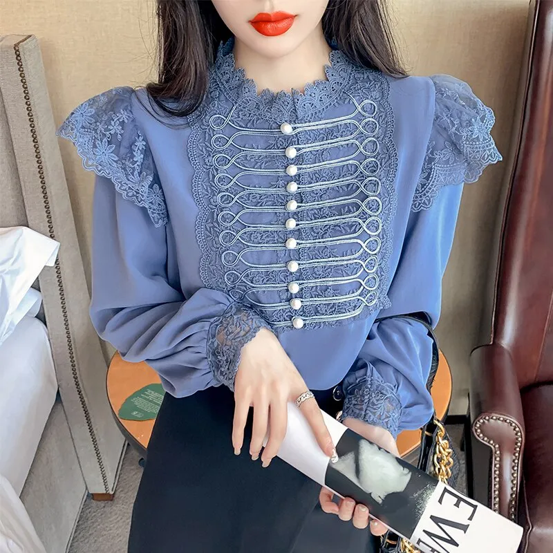 Wenkouban Autumn Vintage Loose Chiffon Shirt Women Long Sleeve Beading Lace White Blouse Women Stand Collar Ruffles Office Lady Tops