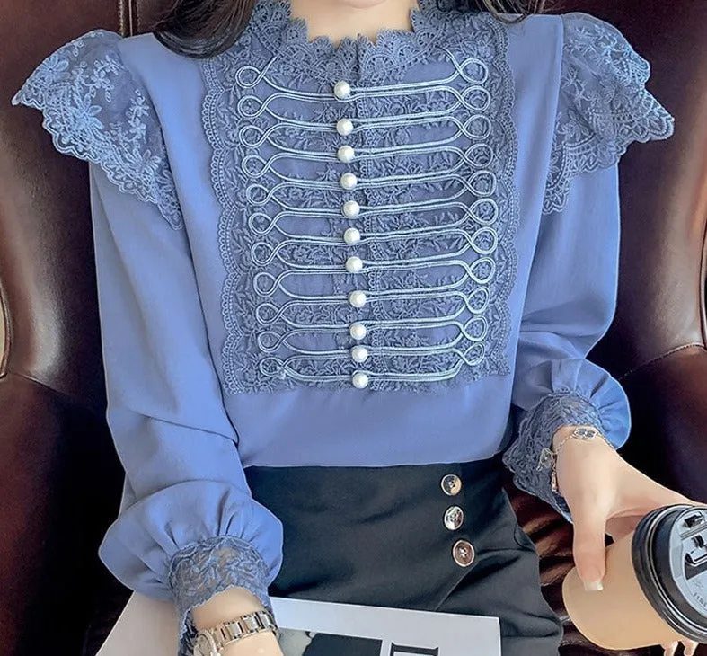 Wenkouban Autumn Vintage Loose Chiffon Shirt Women Long Sleeve Beading Lace White Blouse Women Stand Collar Ruffles Office Lady Tops