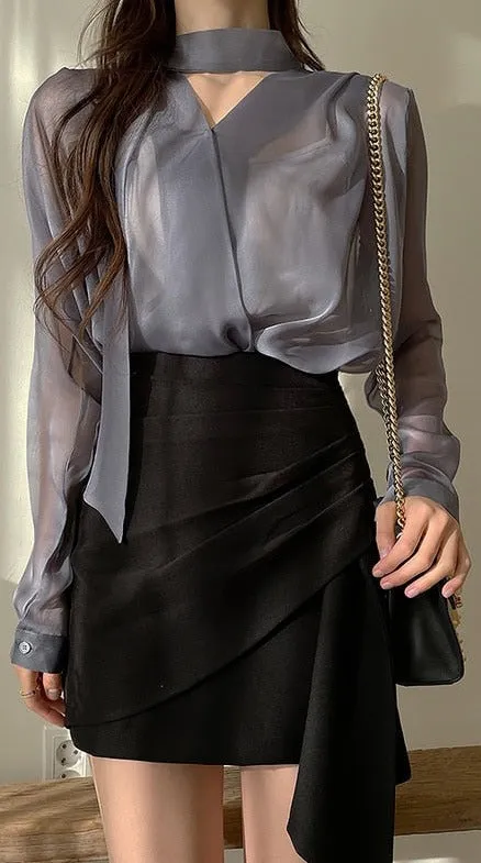 Wenkouban Graduation Gifts 2023 New Summer Long Sleeve Blouse Fashion V-neck Chiffon Blouse Women Tops Lace-up Sunscreen Blouses Bow Clothes Blusas