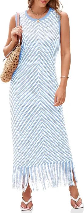 Wenrine Womens Summer Crochet Knit Dress Casual Striped Tassel Sleeveless Boho Maxi Dresses