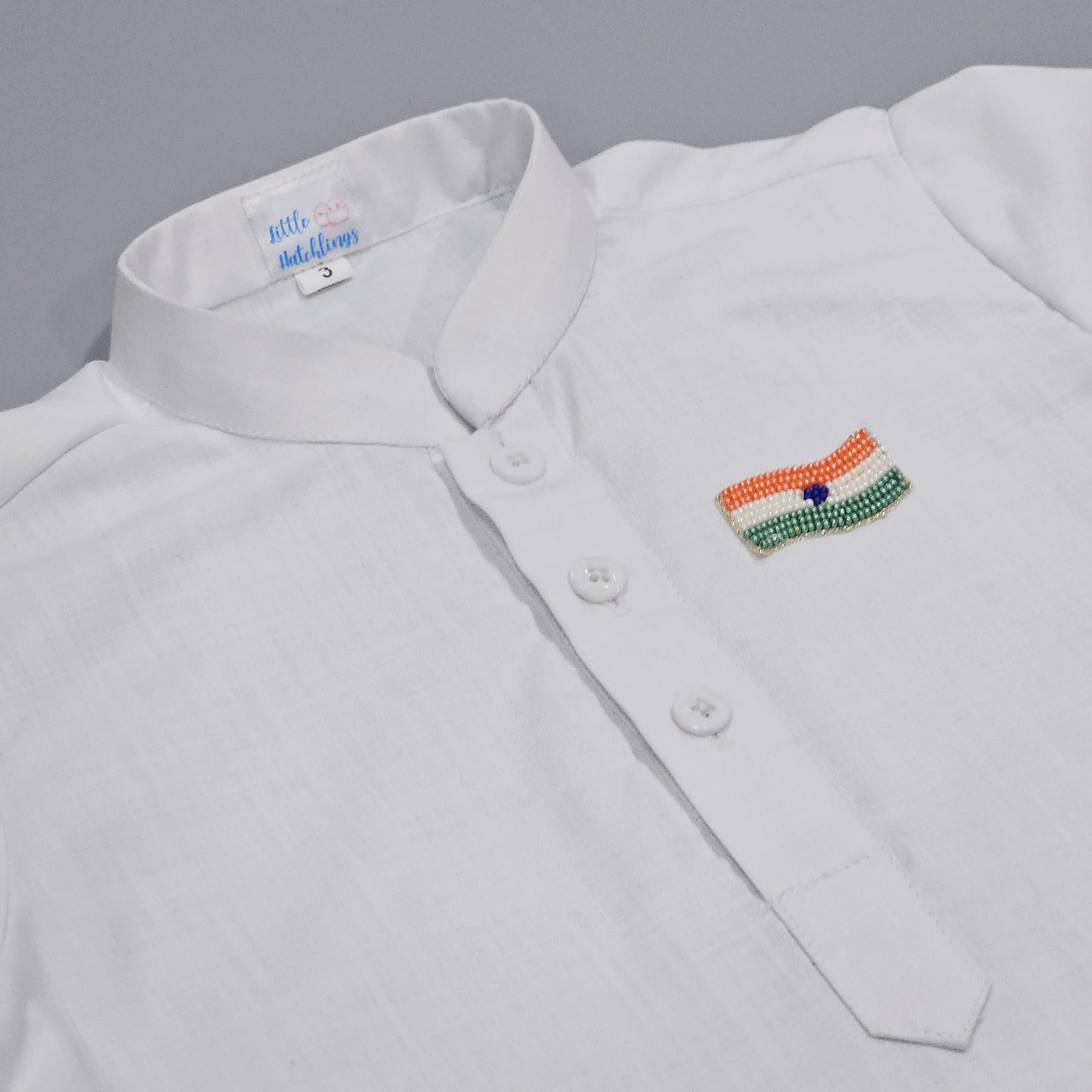 White Short Kurta with Embroidered Indian Flag