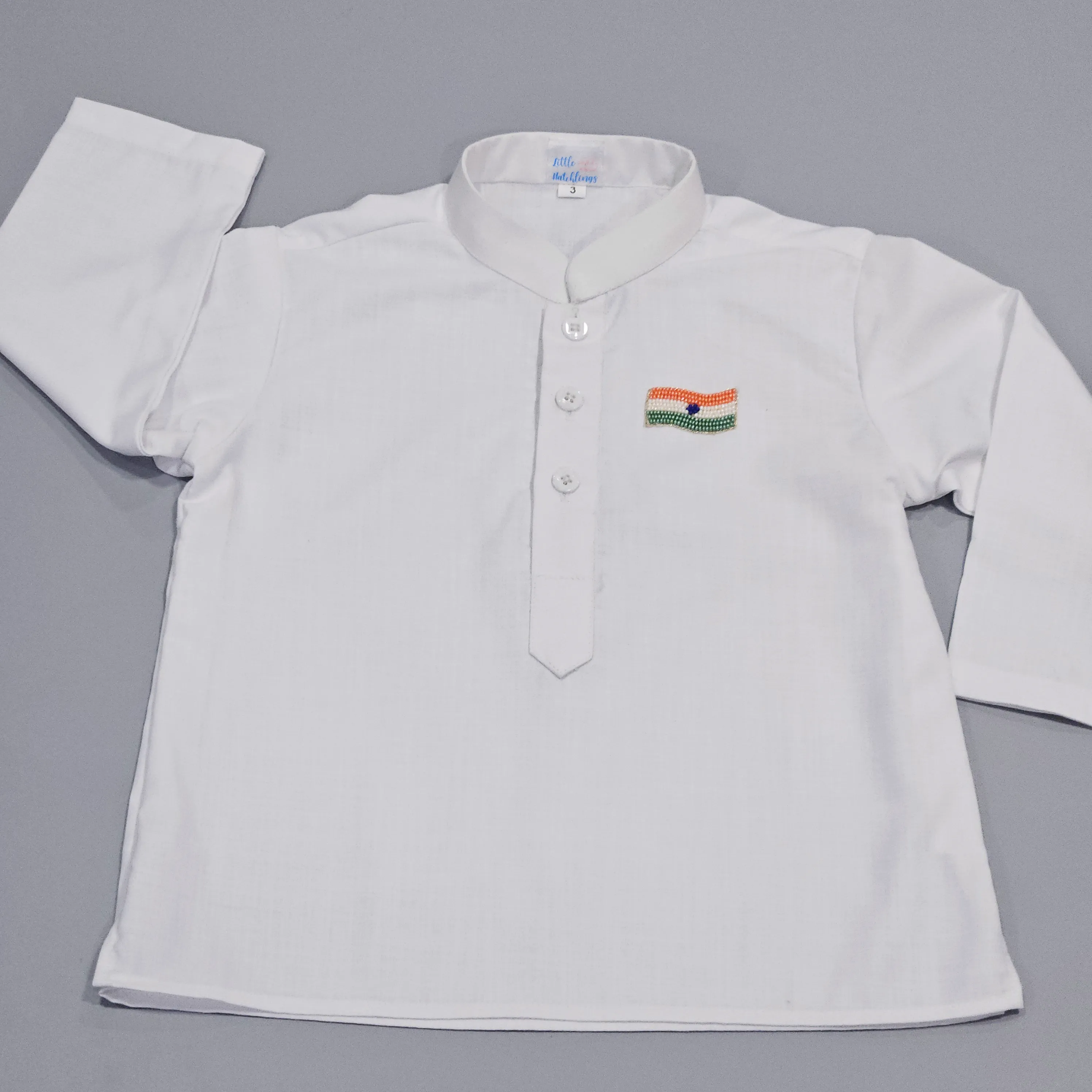 White Short Kurta with Embroidered Indian Flag