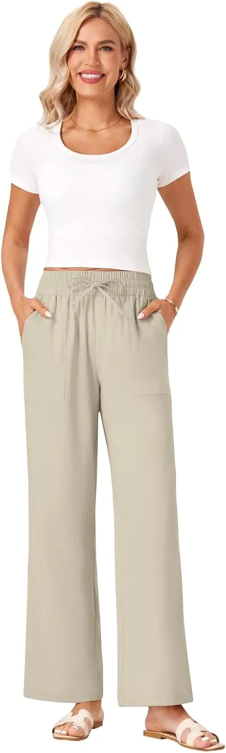 Wide Leg Linen Pants Women Palazzo Flowy Beach Casual Loose Drawstring Boho Summer Pants 2025 with Pockets