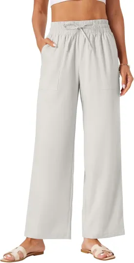 Wide Leg Linen Pants Women Palazzo Flowy Beach Casual Loose Drawstring Boho Summer Pants 2025 with Pockets