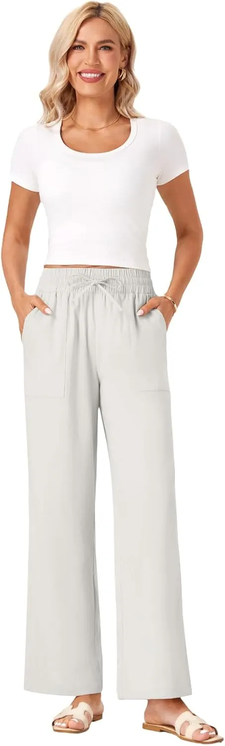Wide Leg Linen Pants Women Palazzo Flowy Beach Casual Loose Drawstring Boho Summer Pants 2025 with Pockets