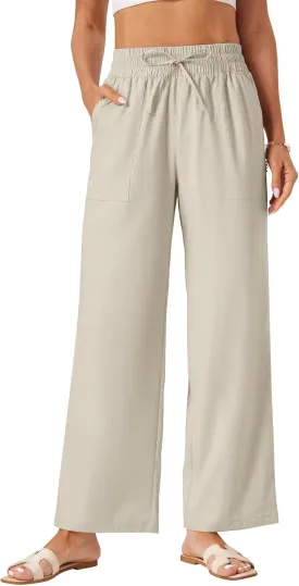 Wide Leg Linen Pants Women Palazzo Flowy Beach Casual Loose Drawstring Boho Summer Pants 2025 with Pockets